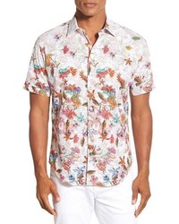 Bugatchi Shaped Fit Tropical Flower Grid Short Sleeve Sport Shirt