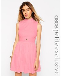 Asos Petite Cotton Skater Dress With High Neck And Button Back