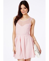 Missguided Colette Pink Skater Dress With Mesh Neck Detail