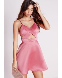 Missguided Satin Cut Out Skater Dress Dusky Pink