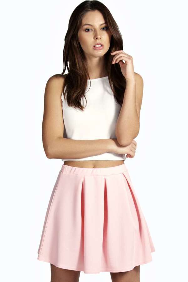 Boohoo Maria New Season Box Pleat Skater Skirt, $16 | BooHoo | Lookastic