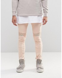 Asos Brand Super Skinny Jeans With Biker Details In Pink