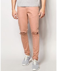 Asos Brand Super Skinny Jeans With Knee Rips In Pink