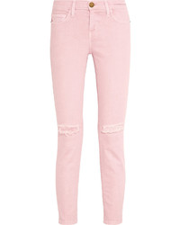 Current/Elliott The Stiletto Distressed Mid Rise Skinny Jeans Pastel Pink