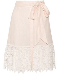 Miguelina Carlene Crocheted Cotton Lace And Linen Skirt Pastel Pink