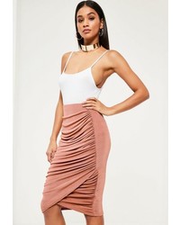 Missguided Pink Slinky Ruched Side Midi Skirt