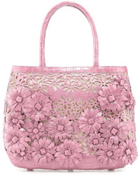 Nancy Gonzalez Panama Floral Cutout Straw Basket Tote Bag Baby Pink Matte