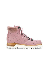 Pink Studded Leather Lace-up Flat Boots