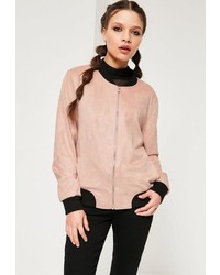 Missguided Contrast Rib Faux Suede Bomber Jacket Pink