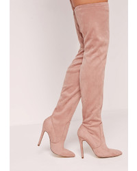 Missguided Pink Faux Suede Pointed Toe Over The Knee Heeled Boots