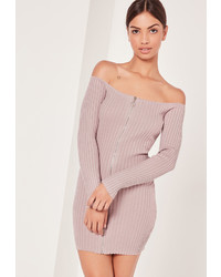 Missguided Long Sleeve Bardot Sweater Dress Pink
