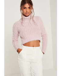 Missguided Fluffy Turtle Neck Cropped Sweater Pink