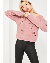 Missguided Pink Distressed Off The Shoulder Sweater