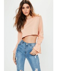 Missguided Petite Pink Double Frill Cuff Cropped Sweatshirt