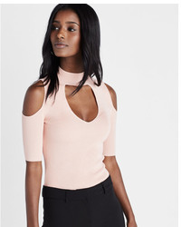 Express Ribbed Cold Shoulder Cut Out Choker Sweater