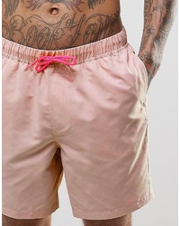 Asos Brand Mid Length Swim Shorts In Pastel Pink With Neon Drawcord