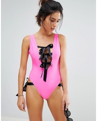 ASOS DESIGN 80s Neon Pink Contrast Bow Tie Swimsuitblack