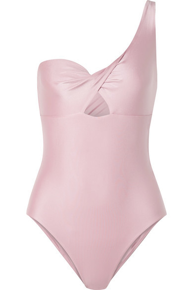 one shoulder pink swimsuit