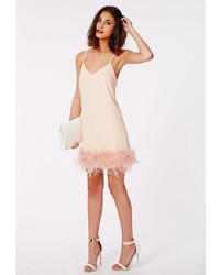 Missguided Chloete Crepe Fluffy Fur Trim Strappy Swing Dress Nude