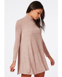 Missguided Long Sleeve Roll Neck Swing Dress Pink Marl