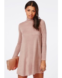Missguided Long Sleeve Roll Neck Swing Dress Pink Marl
