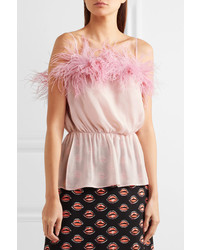 Prada Feather Trimmed Crinkled Silk Chiffon Camisole Pink