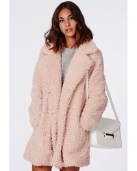 Missguided Celine Oversized Curly Wool Coat Pink