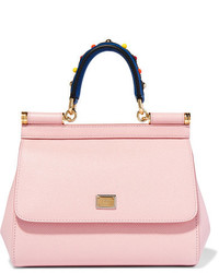 Dolce & Gabbana Sicily Small Embellished Textured Leather Tote Pastel Pink