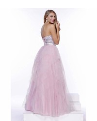 Unique Vintage Baby Pink Embellished Strapless Tulle Ball Gown
