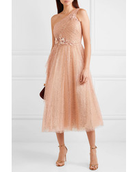 Marchesa Notte One Shoulder Appliqud Glittered Tulle Gown