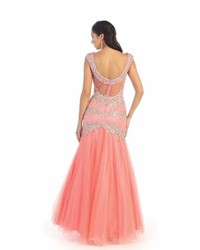 Unique Vintage Pink V Neck Crystal Mermaid Gown