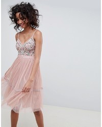 Needle & Thread Embroidered Tulle Midi Dress With Cami Straps In Vintage Rose