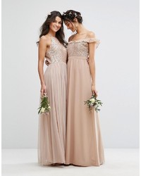 Maya High Neck Maxi Tulle Dress With Tonal Delicate Sequins