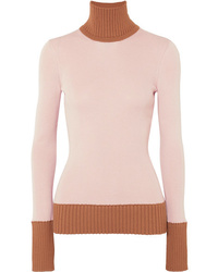 Victoria Beckham Two Tone Ribbed Wool Blend Turtleneck Sweater