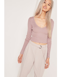 Missguided Basic V Neck Longsleeve Crop Sweater Purple