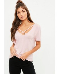 Missguided Tall Pink V Neck Cross Strap T Shirt