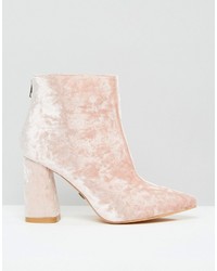 Daisy Street Pink Crushed Velvet Point Heeled Ankle Boots
