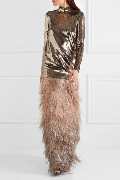 Tom Ford Velvet And Tiered Ombr Feather Maxi Skirt Antique Rose, $6,450 |   | Lookastic