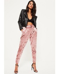 Missguided Pink Velvet Belted Cigarette Trousers