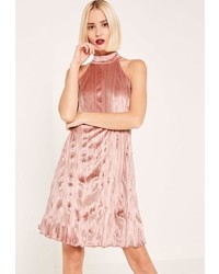 Missguided Pink High Neck Pleated Velvet Swing Dress