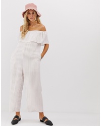 En Creme Relaxed Bardot Jumpsuit With Wide Leg In Pinstripe