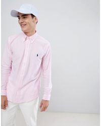 Polo Ralph Lauren Slim Fit Stripe Pique Shirt Player Logo In Pinkwhite