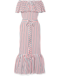 MDS Stripes Rebecca Off The Shoulder Ruffled Striped Cotton Jersey Midi Dress