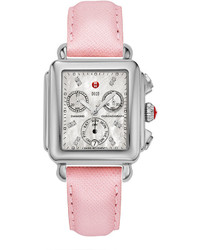 Michele 18mm Saffiano Leather Watch Strap Powder Pink