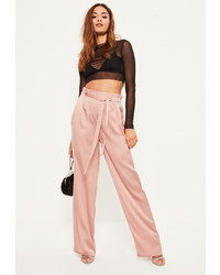 Missguided Pink Paperbag Tie Waist Satin Wide Leg Trousers