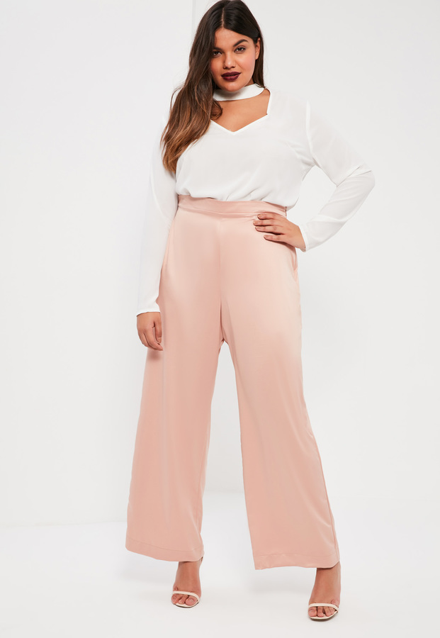 Missguided Plus Size Pink Satin Wide Leg Trousers, $23, Missguided