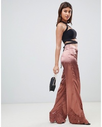 PrettyLittleThing Satin Lace Hem Wide Leg Trousers In Pink