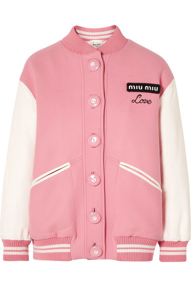 Miu Miu Oversized Two Tone Leather And Wool Bomber Jacket, $2,965