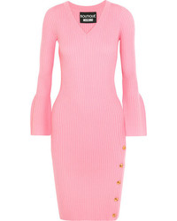 Moschino Boutique Button Detailed Ribbed Wool Dress Pink