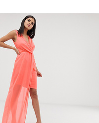 TFNC Tall Wrap Front Dress With Asymmetric Hem In Coral